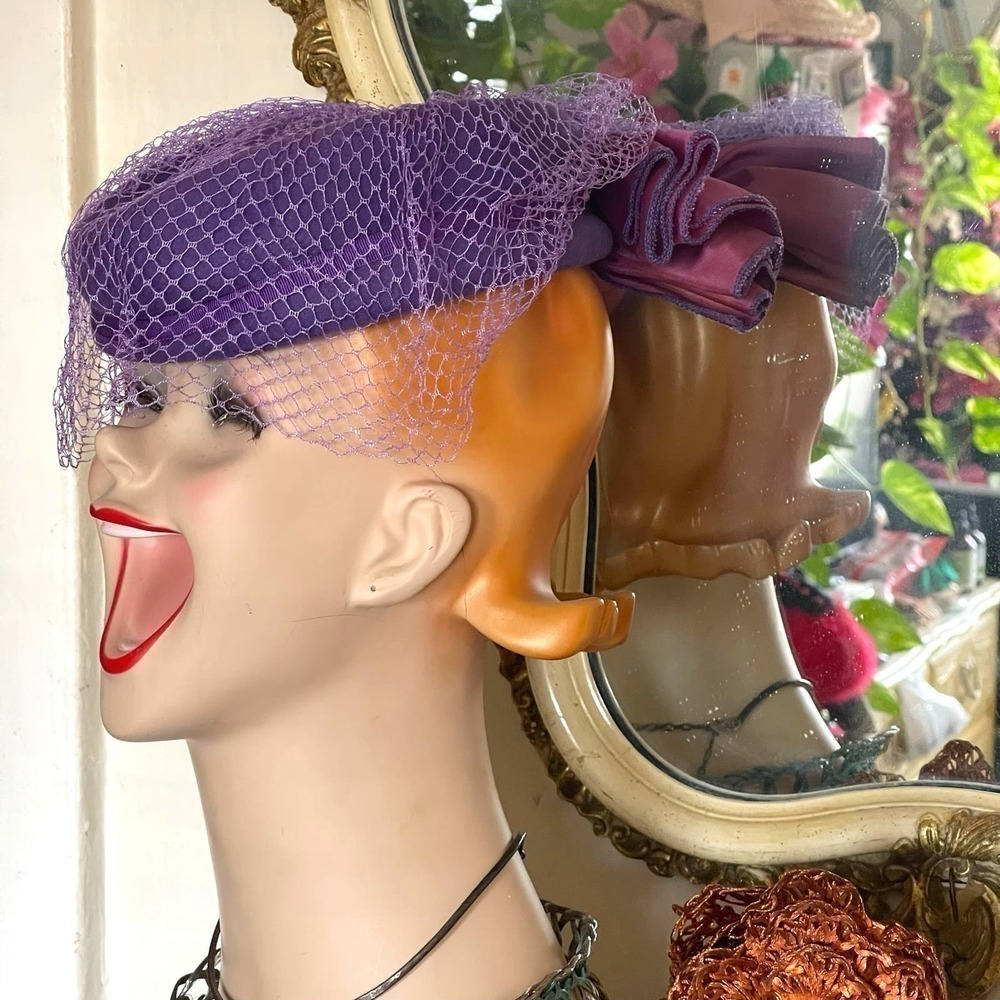 Vintage 1980s Wool Fascinator Hat Lilac Purple With Accordion Bow Original Veil - Picture 5 of 16